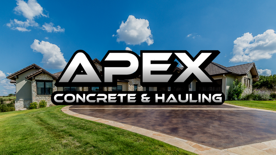 Concrete Driveway in front of large house with Apex Concrete Logo